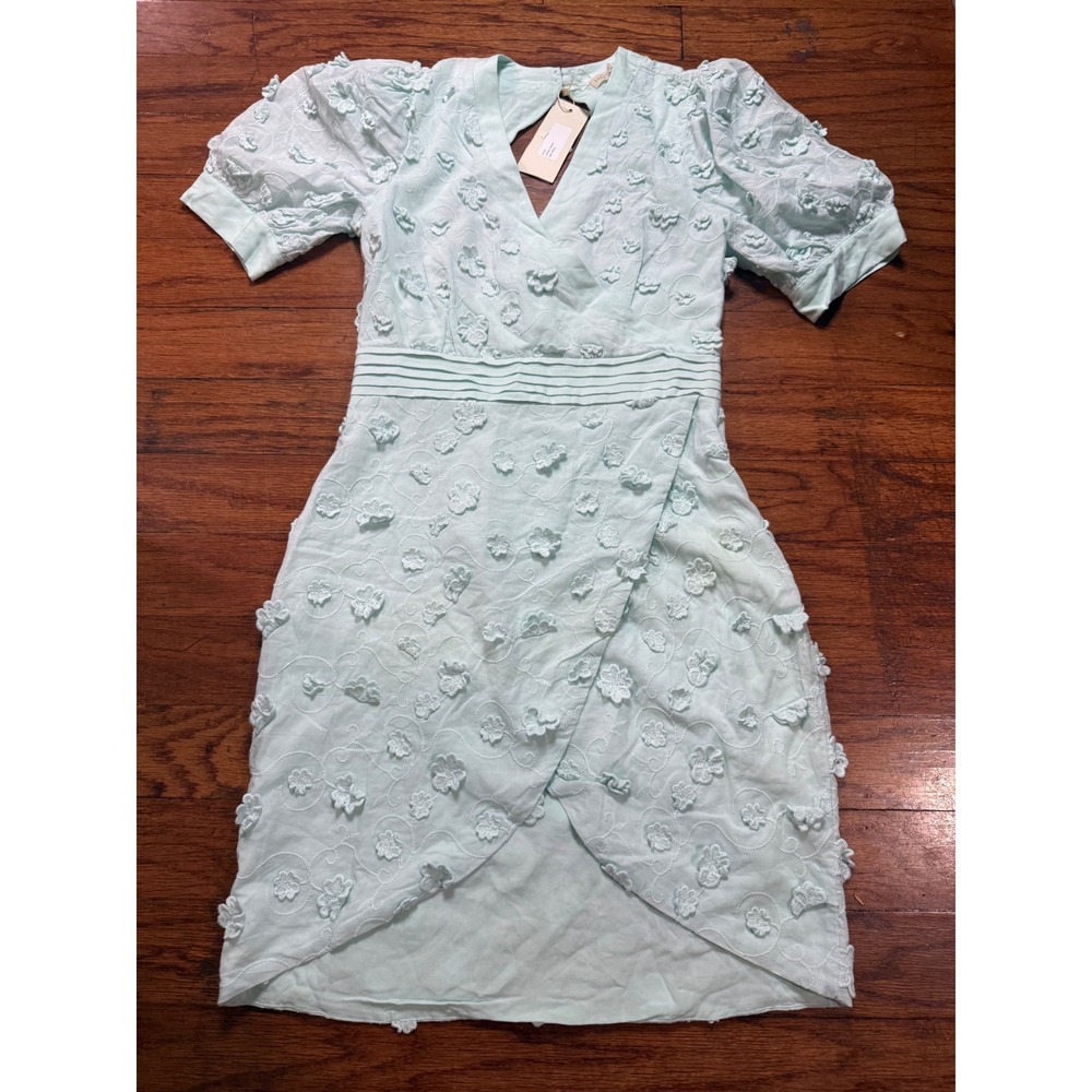 Host & Var Mint Green 3D Floral Applique Puff Sleeve Wrap Mini Dress Small NWT